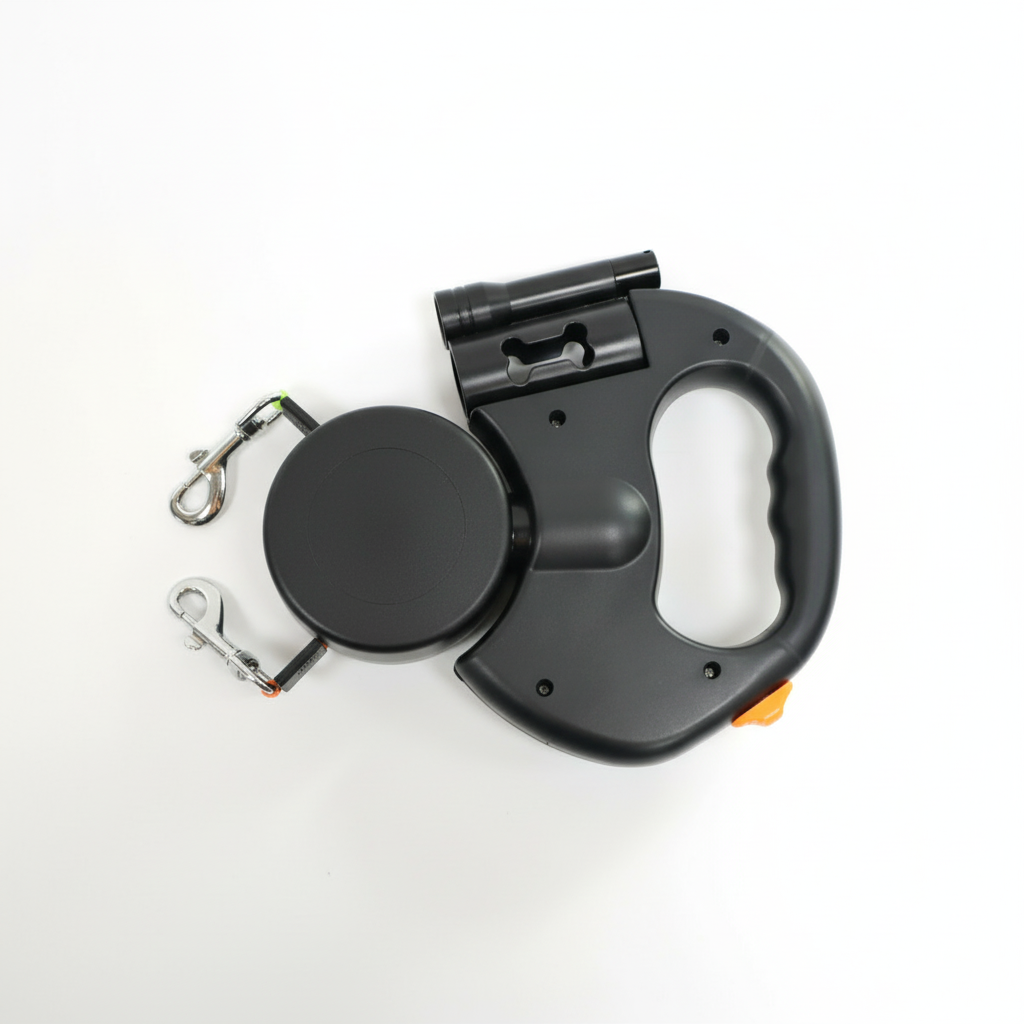4-in-1 Retractable Dog Leash with Flashlight, Waste Bag Dispenser & Dual Leads