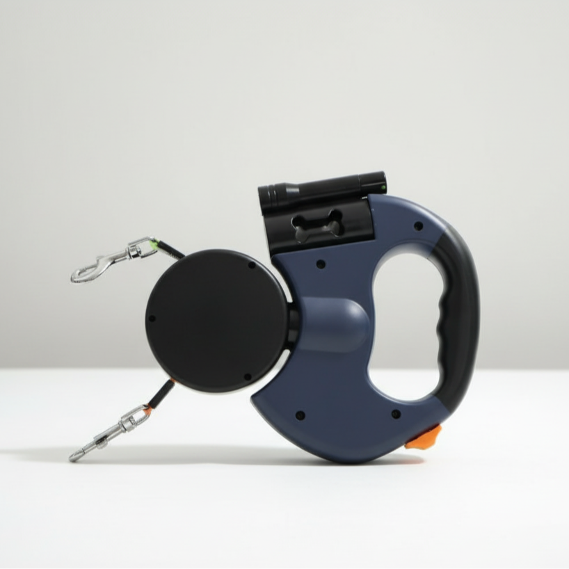 4-in-1 Retractable Dog Leash with Flashlight, Waste Bag Dispenser & Dual Leads