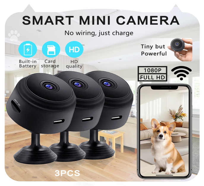 [Ultra HD | Wireless] 3-Pack Mini Wireless Surveillance Camera - 1080P Full HD, Built-in Battery