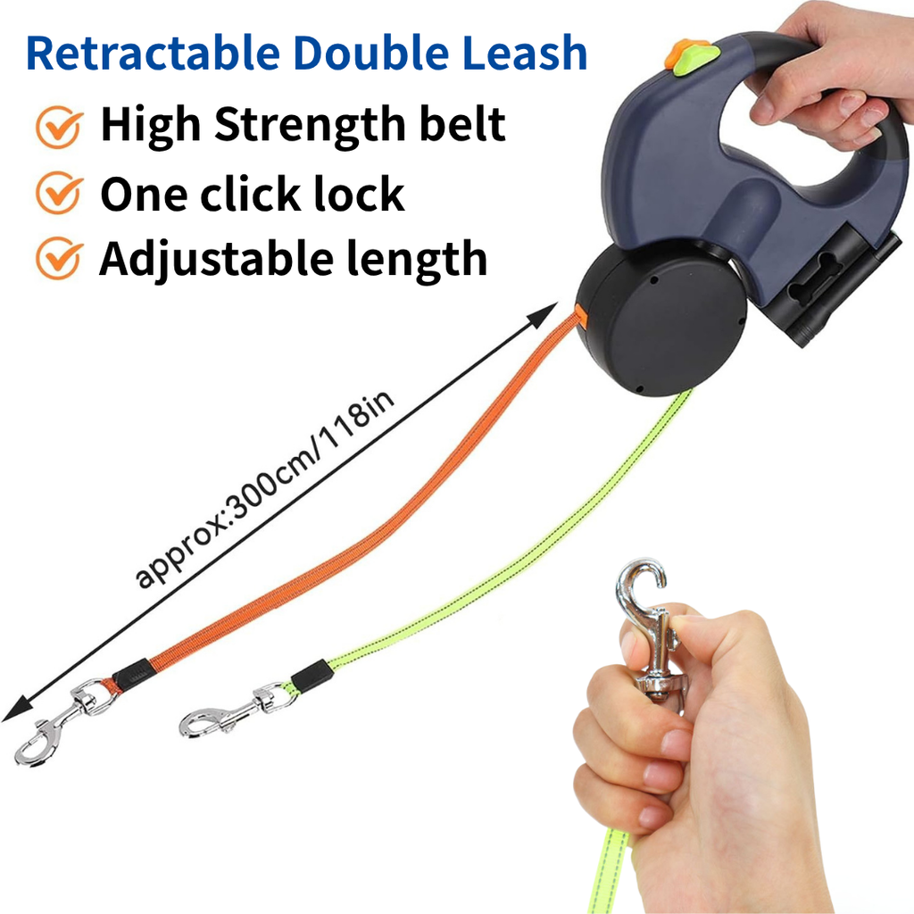 4-in-1 Retractable Dog Leash with Flashlight, Waste Bag Dispenser & Dual Leads