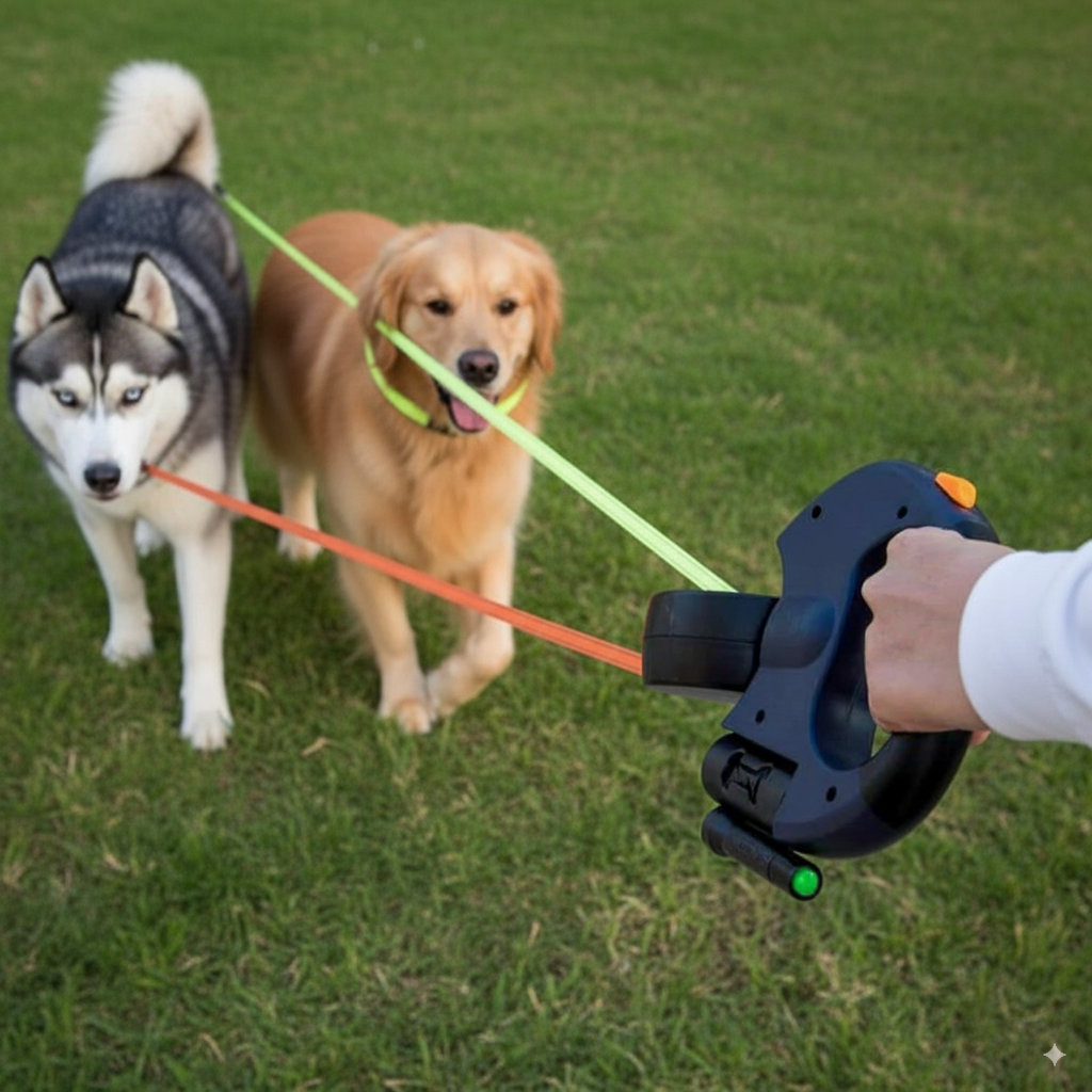 4-in-1 Retractable Dog Leash with Flashlight, Waste Bag Dispenser & Dual Leads