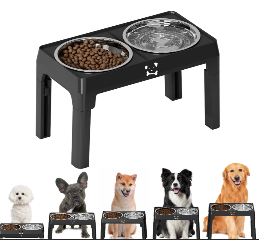 Santo Lugar Adjustable Raised Dog Feeder Stand - 3 Bowls Included (2 Stainless + 1 Slow Feeder), Foldable