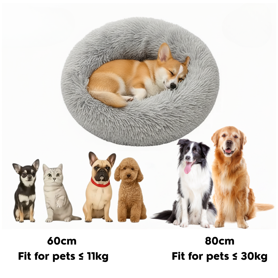 Fluffy Calming Pet Bed – Round Donut Plush Cushion for Cats & Dogs